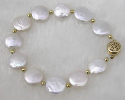 Fashion Handmade Natural 12-13mm White Freshwater Coin Pearl Bracelet 7.5'' - Image 1 of 4