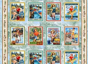 Forest Girls Gone Fishing Fishing Lures Michael Miller 24 x 44" Wide BTY - Picture 1 of 3