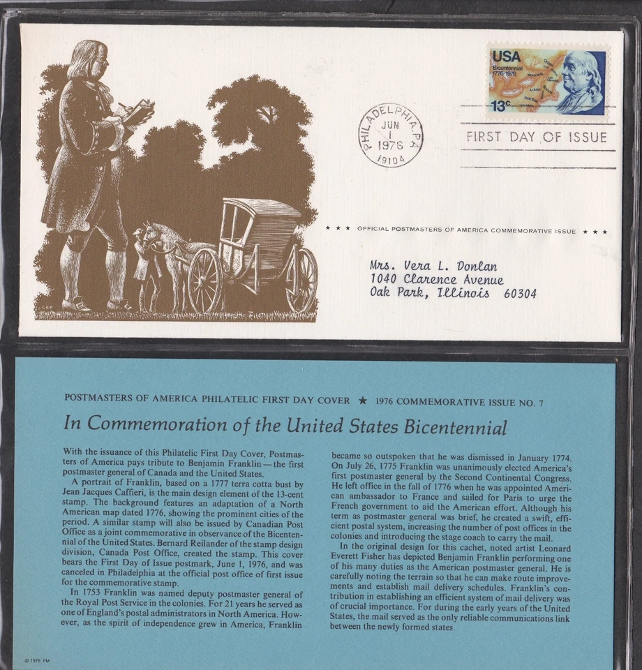 USA 1976 FIRST DAY COVER AMERICAN BICENTENNIAL BENJAMIN FRANKLIN CARD + CACHET+ - Image 1 of 1