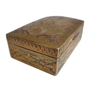 Caja de baratijas de joyería de latón pequeña de colección tapa con bisagras ornamentada incrustación de madera dura - Imagen 1 de 7