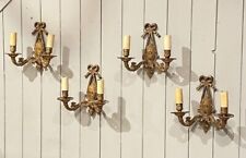 Four Twin Branch Louis XVI Gilt Brass with Ribbon Tied Back Plate Wall Lights