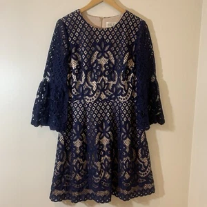 Eliza J Womens Dress 12 Navy Blue Lace Bell Sleeves Feminine Modest Church - Picture 1 of 8