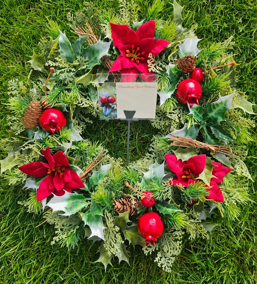 Christmas Wreath Grave Memorial Tribute Artificial Red Poinsettias Holly Fruit