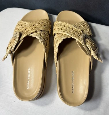 Marc Fisher Woven Wicker Rattan Buckle Platform Natural Color Slide Sandle 8M - Image 1 of 4