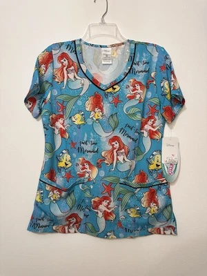 TOONiforms Women’s Scrub Top XS V-Neck Disney Ariel Pockets Short Sleeve New - Image 1 of 3