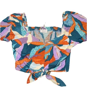 Sage The Label Floral Tropical Crop Blouse Medium Colorful Smock Back Tie Front - Bild 1 von 8