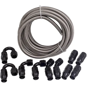 20FT 8AN PTFE Braided Fuel Oil Line Hose + AN8 Fuel Hose End Fitting Black - Picture 1 of 19