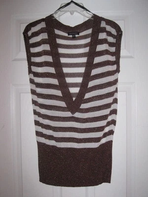 NWOT BEBE LARGE WHITE METALLIC BRONZE BROWN STRIPE LONG SWEATER VEST - Image 1 of 4