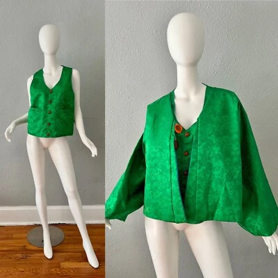 Vintage 60s Green Asian Oriental 2 Pc Vest Suit Jacket Set L - Image 1 of 4