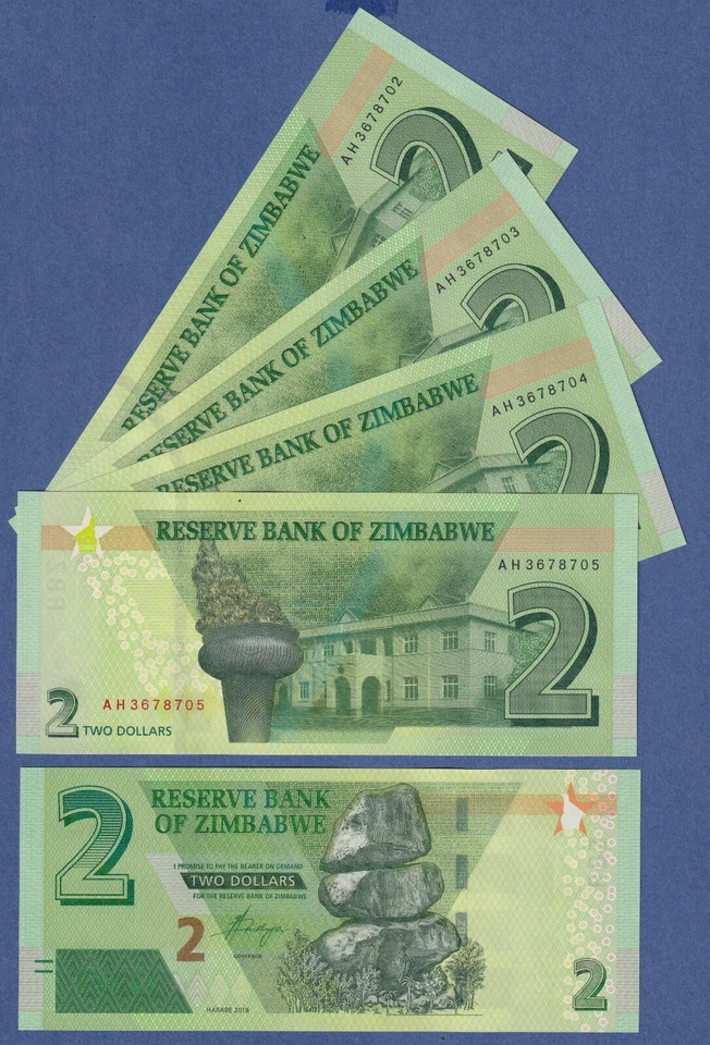 ZIMBABWE 2 DOLLARS, 2019, P-NEW, NEW HYBRID NOTE -  LOT OF 5 NOTES - Image 1 of 1