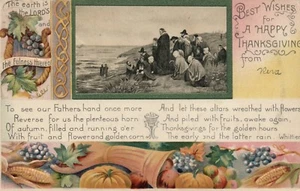 Cartolina decorata Cornucopia pellegrini Ringraziamento poesia Whittier - Foto 1 di 2