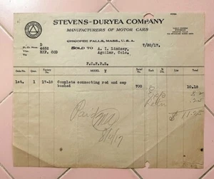 1917 Stevens Duryea Co. Motor Cars Receipt $10.18 Connecting Rod Model Y Auto - Picture 1 of 4