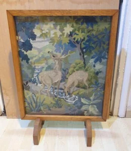 26" Antique Art Deco Embroidered Stag Deer Panel Wooden Fire Screen Guard Front - Picture 1 of 20