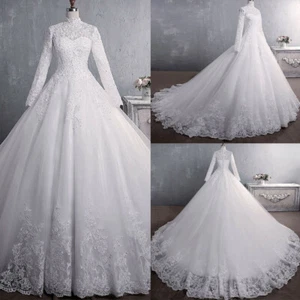 Muslim Wedding Dresses Lace Appliques High Neck Beading Tulle Bridal Gowns - Picture 1 of 12