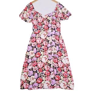 Lily Rose Floral Dress XXL Black Pink Purple Puff Sleeve Cottagecore Midi - Picture 1 of 6