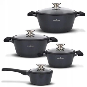 ZWIEGER BLACK STONE SET OF POTS COOKWARE 8 PCS, STEWPOTS + SAUCEPAN + GLASS LIDS - Picture 1 of 11