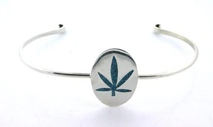 Marijuana Cannibas 420 Turquoise Inlay Sterling Silver Cuff Bracelet EBS7660 - Picture 1 of 3