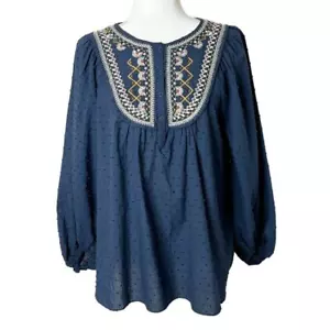 Max Studio Women Peasant Top M Blue Embroidered Swiss Dot Long Sleeve 1/4 Button - Picture 1 of 11