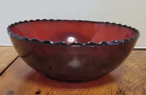 Vintage Ruby Red Glass Serving Bowl 8 1/2" w/ Thumbprint MFG. FLAW Christmas  - Picture 1 of 5