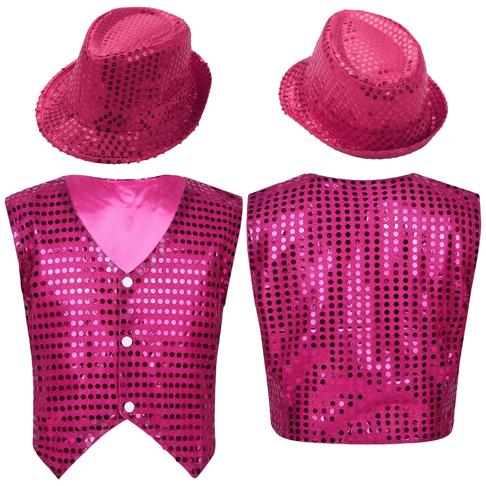 Boys Shiny Sequin Vest Waistcoat with Hat Dance Jazz Hip Hop Choir Stage Costume - Image 1 of 1