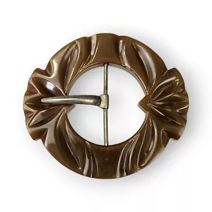 Vintage Bakelite Belt Buckle Dark Olive Green Art Deco Deep Carved 2.75" Long - Picture 1 of 12