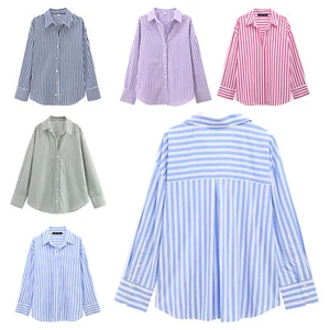 Womens Blouses V Neck Tops Striped Shirts Down Turn-down Tunic Versatile Summer - Picture 1 of 34