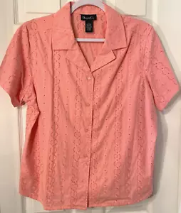Denim & Co. Blouse Sz L Pink Floral Embroidered Eyelet Short Sleeve Top NWOT - Picture 1 of 8