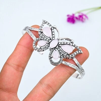 Brazalete brazalete de cuarzo rosa de plata de ley 925 hecho a mano joyería de mariposa regalo de amor Foto 1 de 4