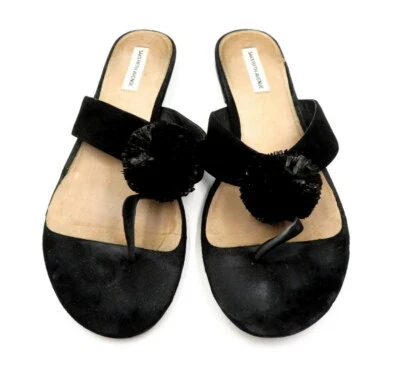 SAKS FIFTH AVENUE Womens Sandals Size 10 Black Suede Pom Pom Slip On Flat - Image 1 of 2