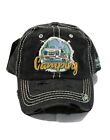 Camping Embroidered Distressed Baseball Cap Vintage Style Black Hat