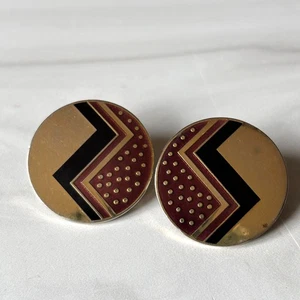 Vintage Laurel Burch Earrings Gold Tone Burgundy Black Enamel Zig Zag Polka Dot - Picture 1 of 4