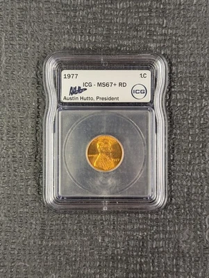 1977-P MS 67+ RD Lincoln Memorial Cent ICG New Austin Hutto Signed White Label - Image 1 of 4