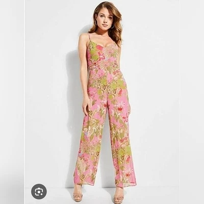 GUESS Floral Sleeveless Jumpsuit Pink and Green Size 2 - Image 1 of 4