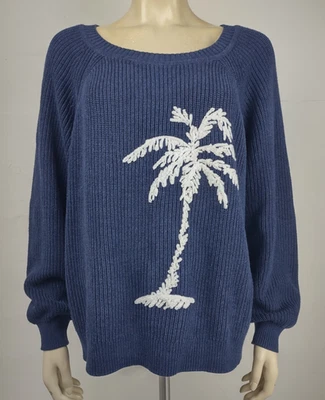 Suéter pulôver feminino Tommy Bahama azul branco palmeira mistura de algodão grande - Imagem 1 de 4