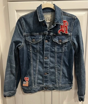Girls POLO RALPH LAUREN Denim Jean Jacket Distressed With Patches Sz 14 - Image 1 of 4