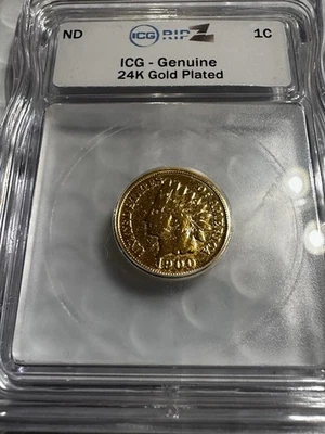 1900 Indian Head Cent ICG RIPZ Genuine 24K Gold Plated Penny – Certified Coin - Image 1 of 3