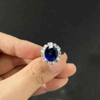 Oval Cut 3.40 Ct Natural Blue Sapphire Diamond Wedding Ring 14K White Gold Size6 - Image 1 of 4