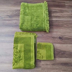 6 VTG Fieldcrest Imperial Collection Sculpted Fleur de Lis Towels Avocado Green - Picture 1 of 6