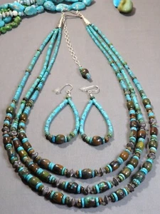 NAVAJO PEARLS Cloud Mountain TURQUOISE Sterling Silver 25-29" Necklace &Earrings - Picture 1 of 16