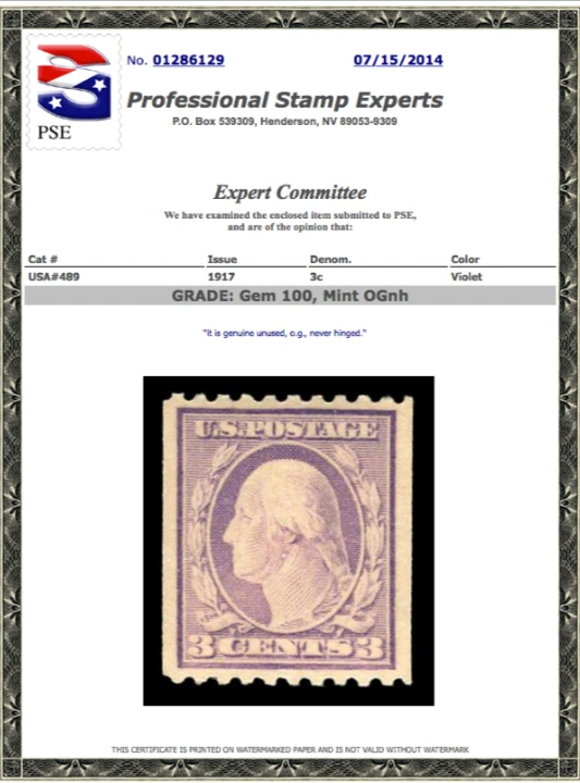 Bobina única #489 MNH clasificación PSE 100, certificado PSE # 01286129 Foto 1 de 1