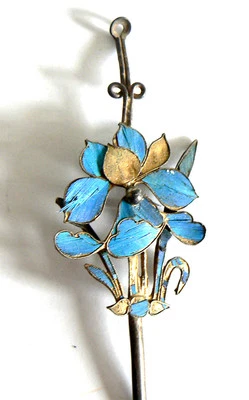 Длинная китайская винтажная заколка из перьев зимородка династии Цин 19-й Тянь-Цуй 點翠 - Изображение 1 из 3