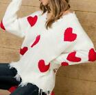 Women Heart Knit Sweater Casual Sweatshirt Tops Blouse Distress Pullover Jumper