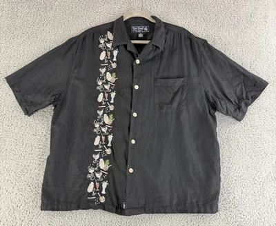 Nat Nast Button-Up Shirt Mens Size XL Black Embroidered Retro Short Sleeve Silk - Image 1 of 4