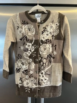 Susan Bristol Small Tan/Brown Wool Blend Sweater Cardigan Floral Motif - Image 1 of 4