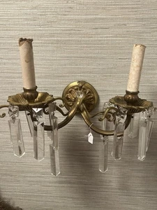 Brass? 2 Arm Electric Wall Sconce with Crystal Prisms vintage Untested As Is. - Picture 1 of 14