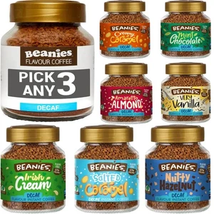3x BEANIES DECAF FLAVOURED INSTANT COFFEE 50g JARS: PICK ANY 3 DECAF BLENDS - Picture 1 of 2