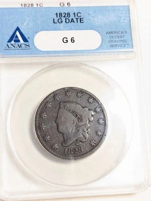 1828 Coronet Matron Head US mint  Large Cent coin  1c. ANACS G6 - Image 1 of 4