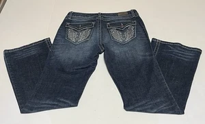 Harley Davidson Womens 8 32x31 Blue Jeans Bootcut Rhinestone Flap Pocket Distres - Picture 1 of 12