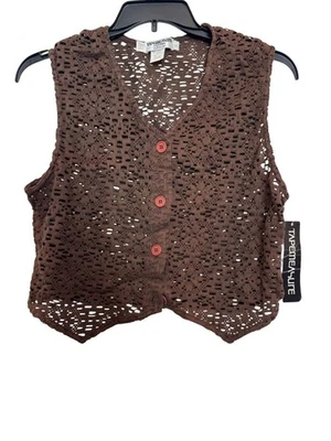 Vintage TapeMeasure Brown Crocheted Button-Up Womens Vest Size L Sleeveless Li - Image 1 of 4