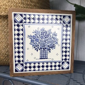 Cleo Teissedre Ceramic Tile Wall Art Trivet Hand Painted Framed Farmhouse Blue - Picture 1 of 8